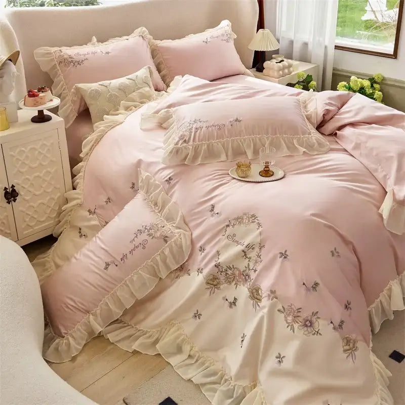Pink flowers lace ruffles bedding set bedroom egyptian cotton