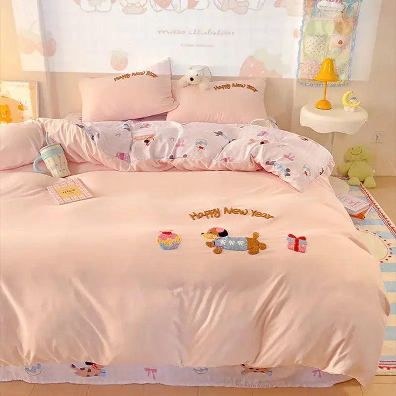 Pink new year dog cotton bedding set bedroom duvet cover