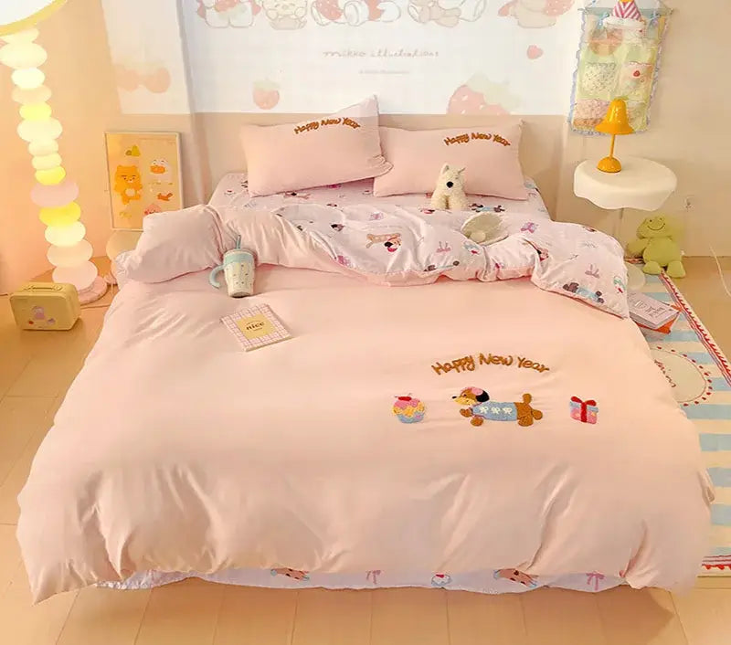 Pink new year dog cotton bedding set bedroom duvet cover