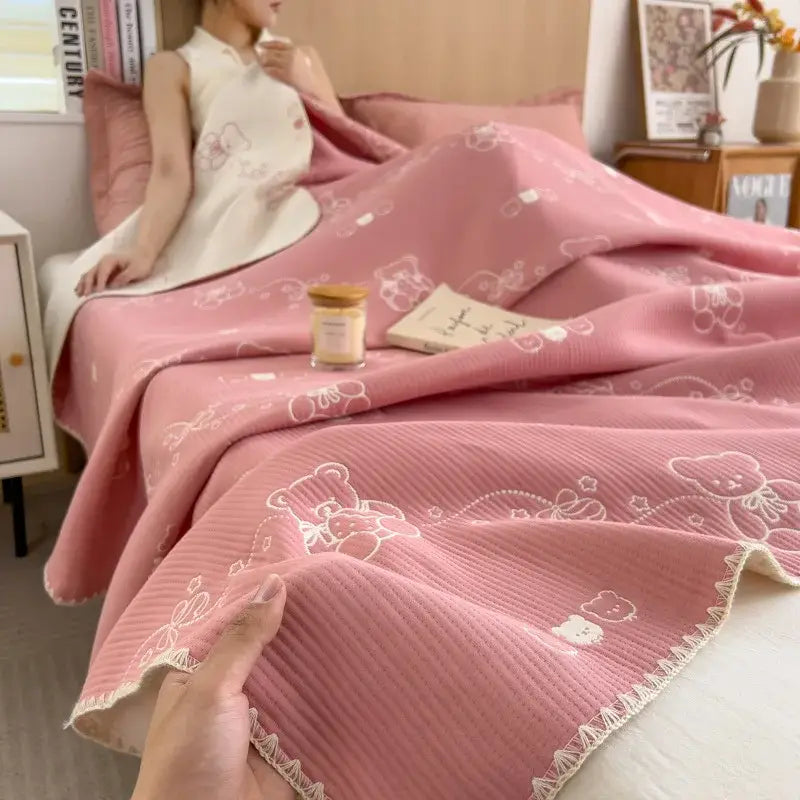 Pink ribbed teddy bear decorbites cotton towel blanket bedroom quilt