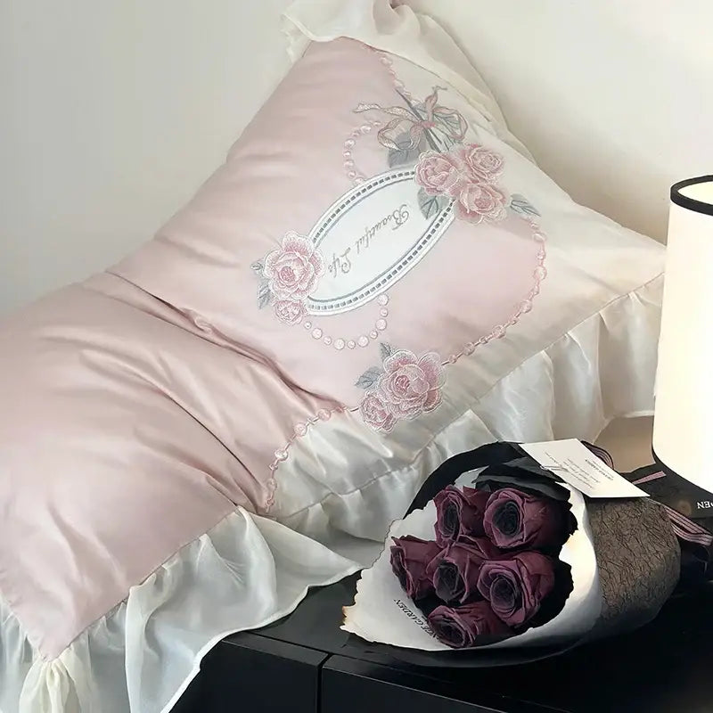 Pink satin egyptian cotton flowers bedding set bedroom lace ruffles