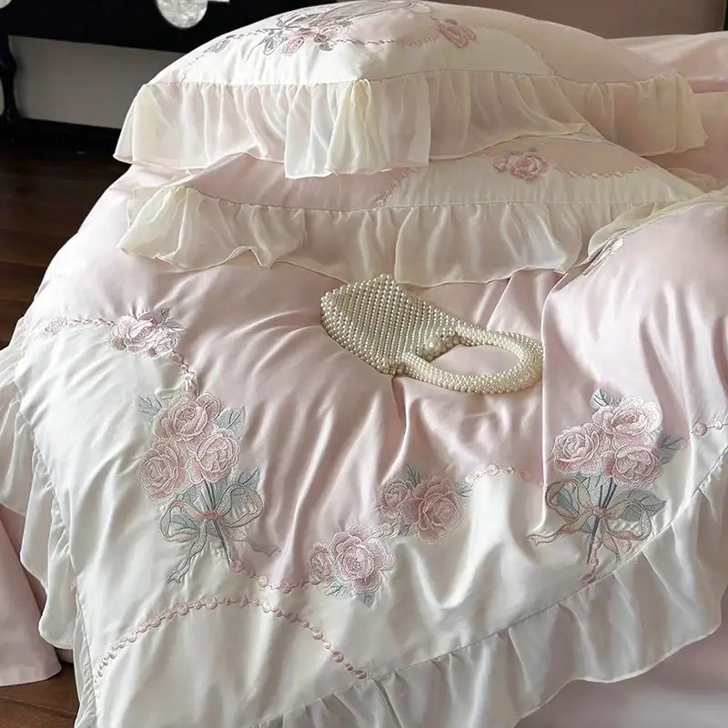 Pink satin egyptian cotton flowers bedding set bedroom lace ruffles