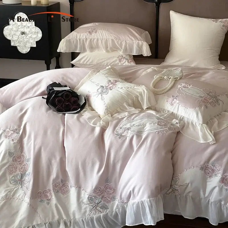 Pink satin egyptian cotton flowers bedding set bedroom lace ruffles