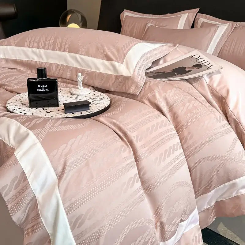 Pink satin jacquard duvet cover set bedroom white piping