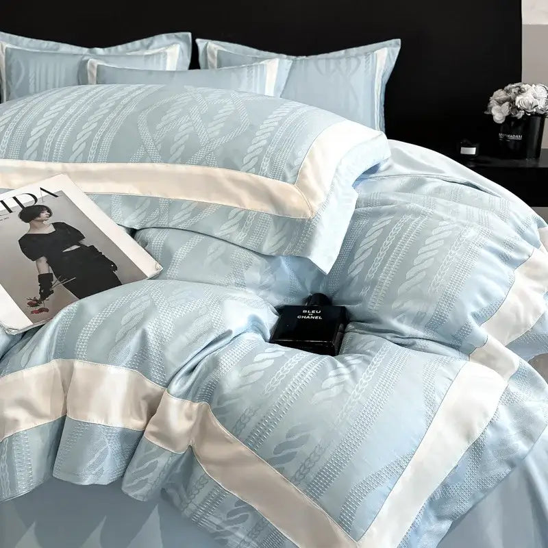 Pink satin jacquard duvet cover set bedroom white piping