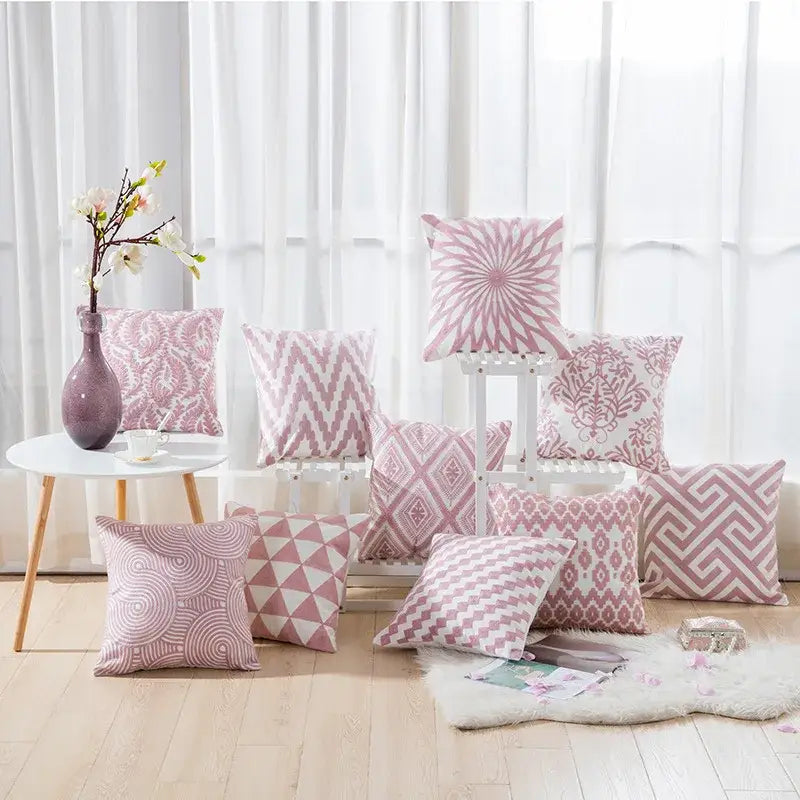 Pink & white cotton flower embroidered geometry pillow living room
