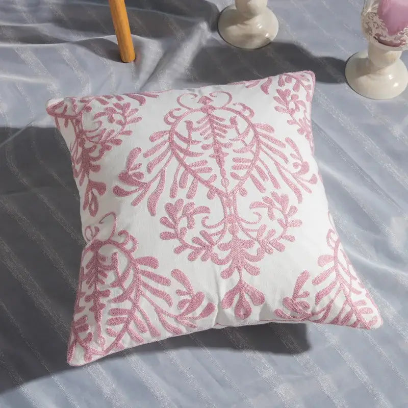 Pink & white cotton flower embroidered geometry pillow living room