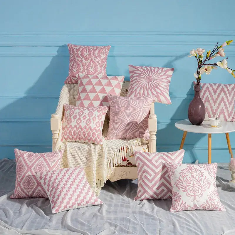 Pink & white cotton flower embroidered geometry pillow living room