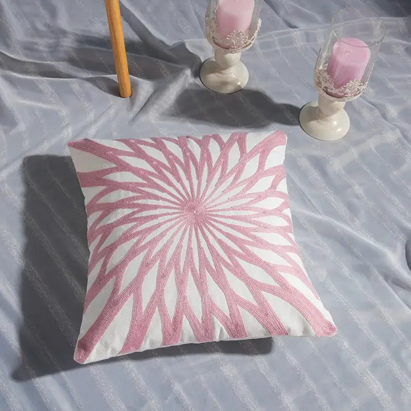 Pink & white cotton flower embroidered geometry pillow living room