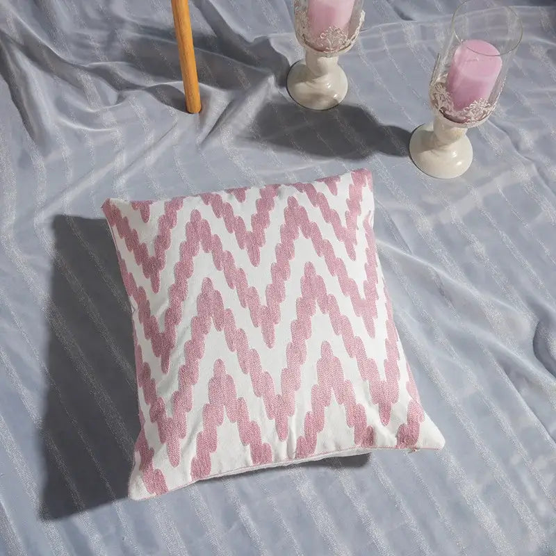 Pink & white cotton flower embroidered geometry pillow living room