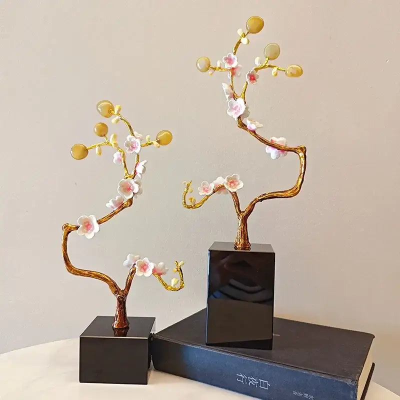Pink & white golden tree crystal ball statue living room decor