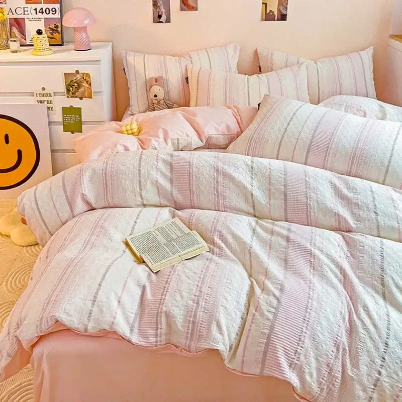 Pink & white striped jacquard cotton bedding set bedroom duvet cover