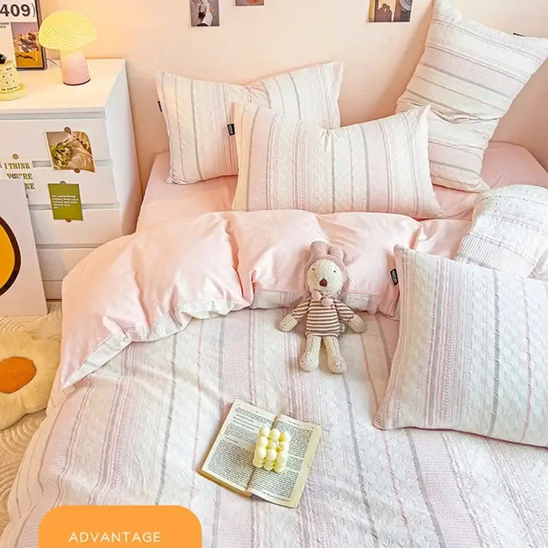 Pink & white striped jacquard cotton bedding set bedroom duvet cover