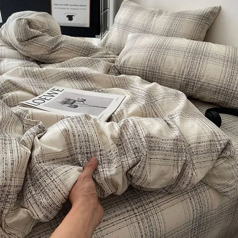 Plaid cream & charcoal cotton grid bedding set – bedroom duvet cover