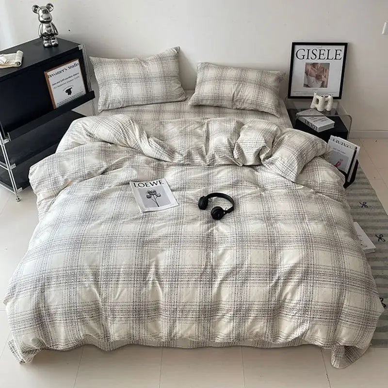 Plaid cream & charcoal cotton grid bedding set – bedroom duvet cover