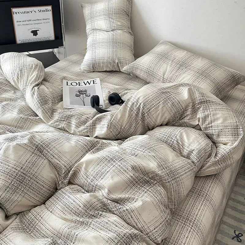 Plaid cream & charcoal cotton grid bedding set – bedroom duvet cover