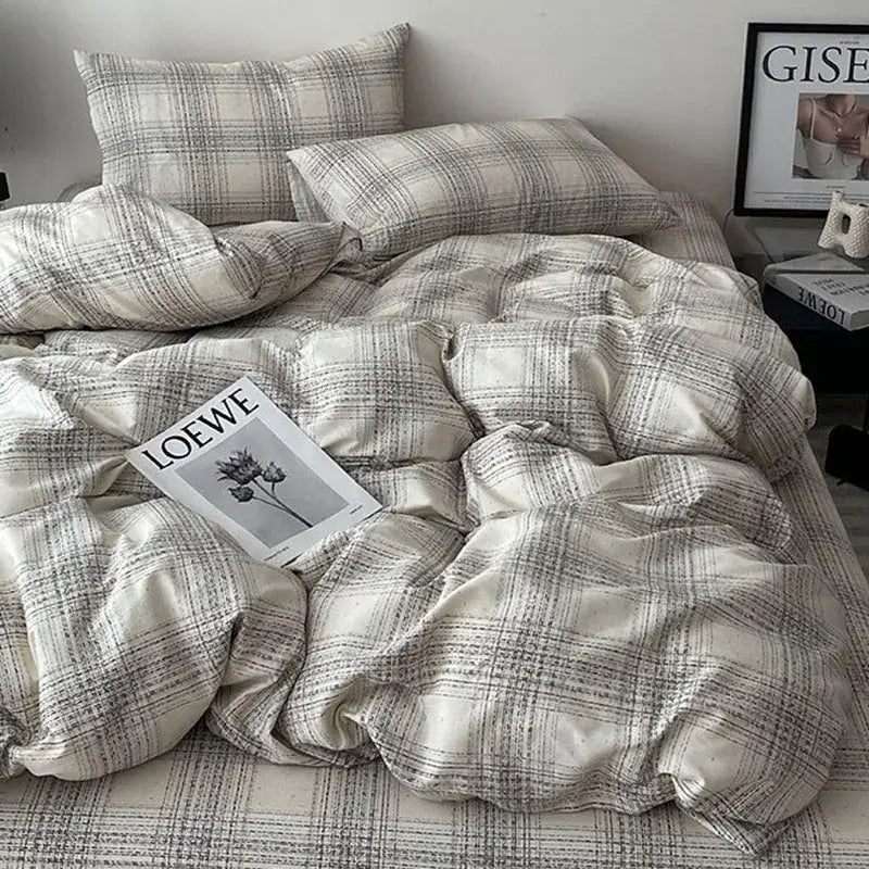 Plaid cream & charcoal cotton grid bedding set – bedroom duvet cover