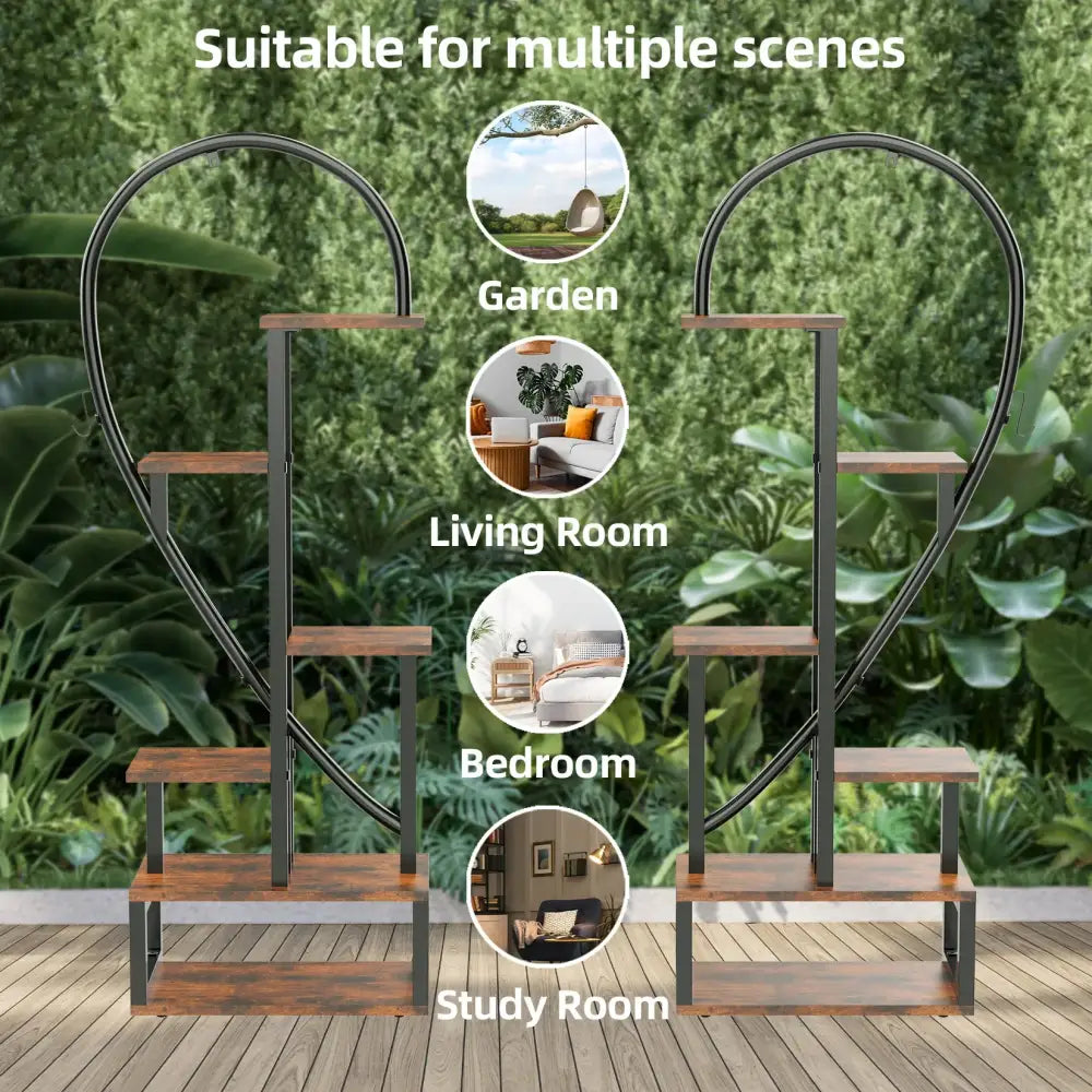 Heart shaped black & wood metal plant flower rack living room