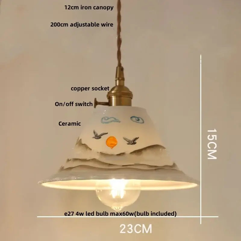 Pleated white fabric pendant light bedroom ceramic wood decor