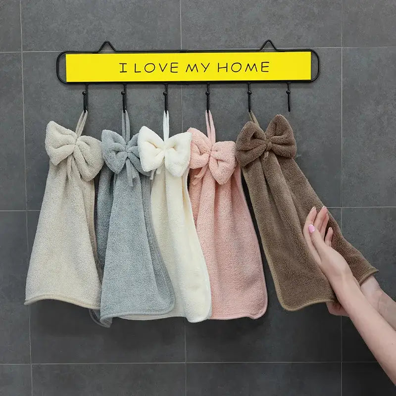 Plush coral velvet soft hand towels with bows for kitchen and bathroom