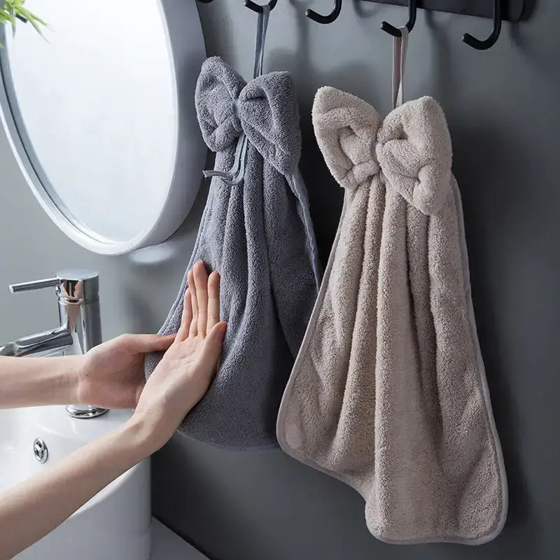 Plush coral velvet soft hand towels with bows for kitchen and bathroom