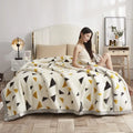 Plush cream & brown geometric double layer raschel blanket bedroom throw