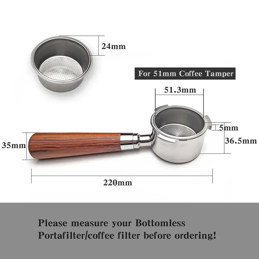 Polished wood and stainless steel coffee bottomless portafilter kitchen handle