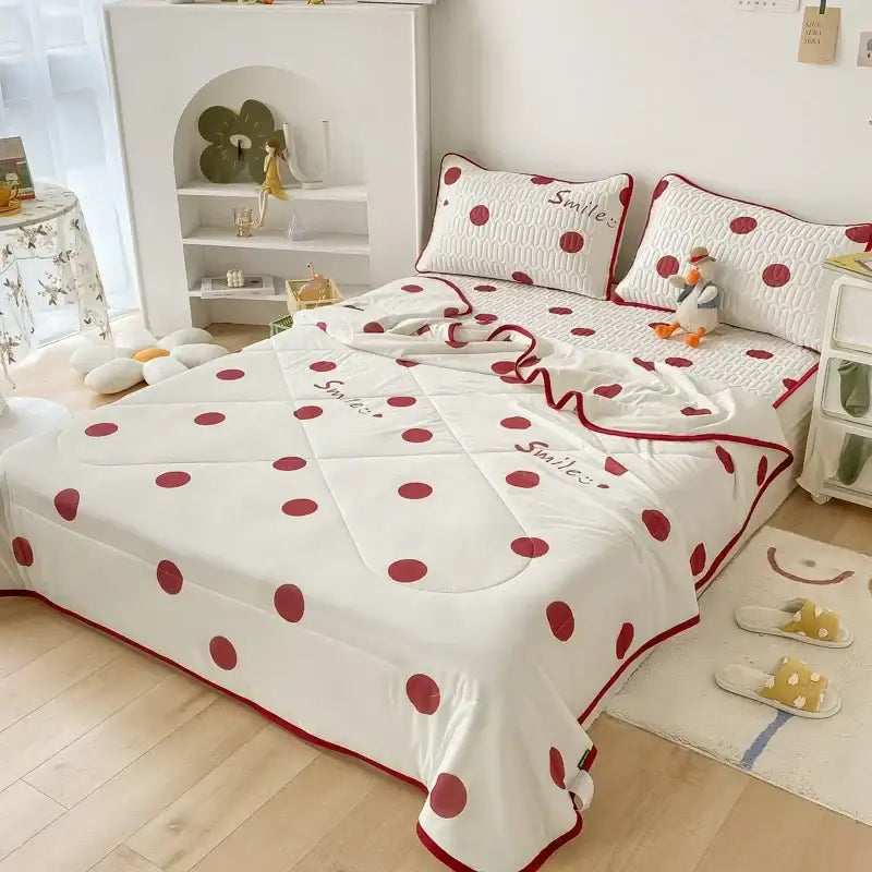 Polka dot smile white & red cool comforter set bedroom ruffled bedding