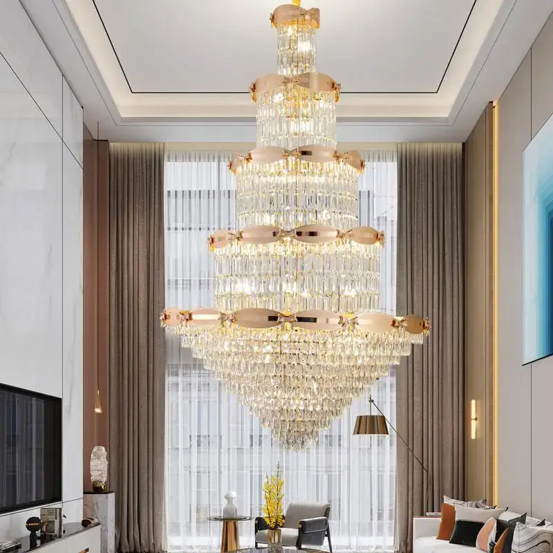 Post-modern gold grand hall crystal chandelier spiral staircase light