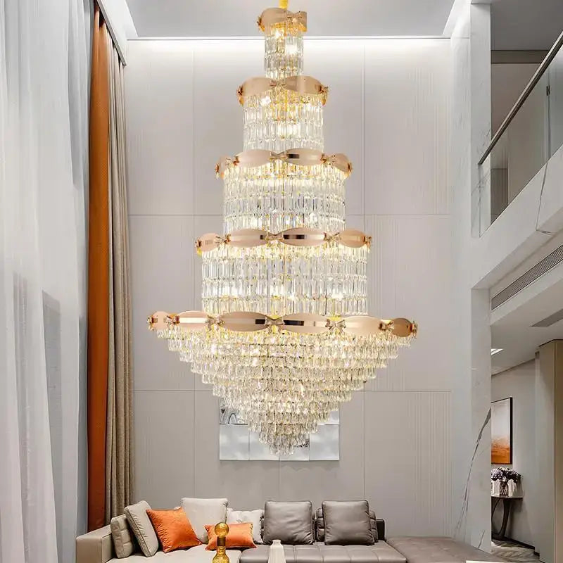 Post-modern gold grand hall crystal chandelier spiral staircase light