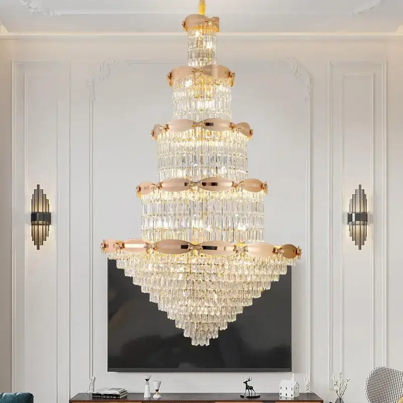 Post-modern gold grand hall crystal chandelier spiral staircase light