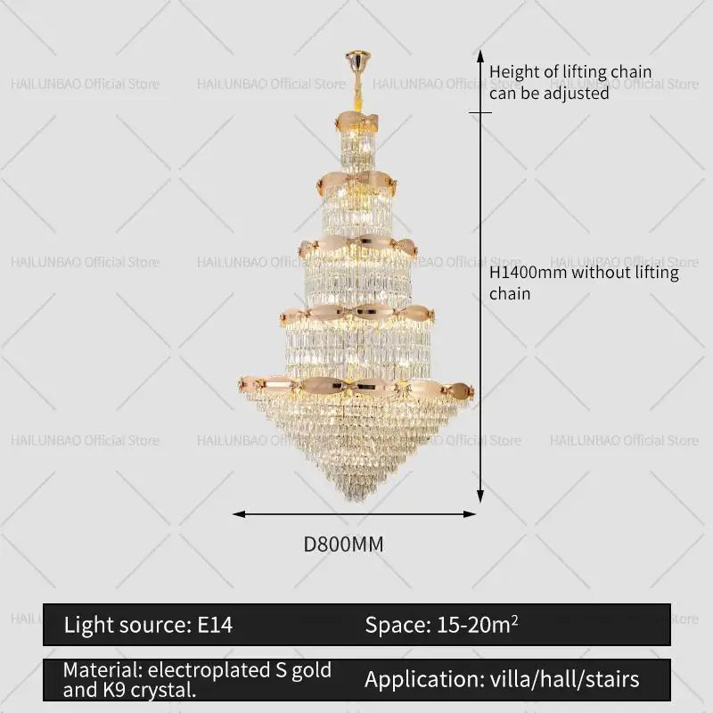 Post-modern gold grand hall crystal chandelier spiral staircase light