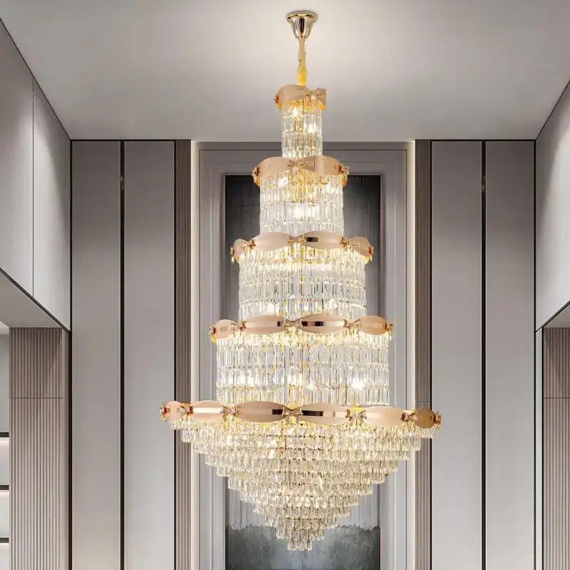 Post-modern gold grand hall crystal chandelier spiral staircase light