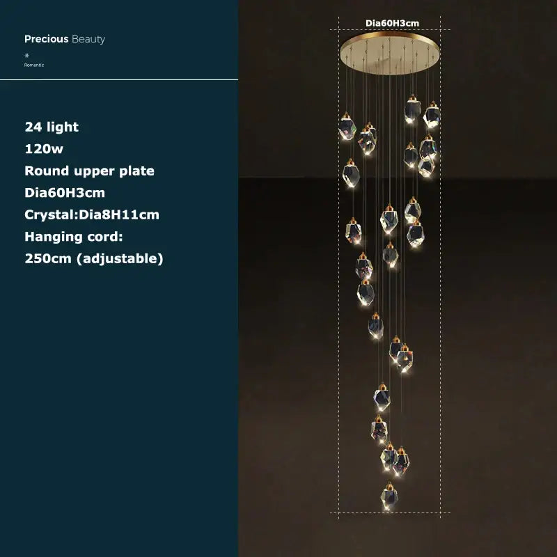 Postmodern crystal stone copper chandelier for staircase lighting