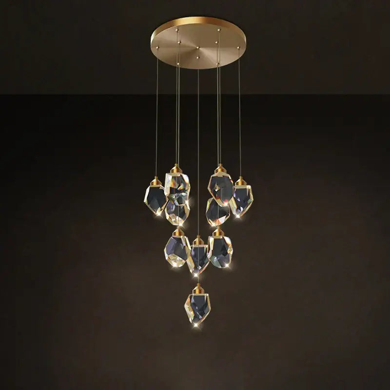 Postmodern crystal stone copper chandelier for staircase lighting