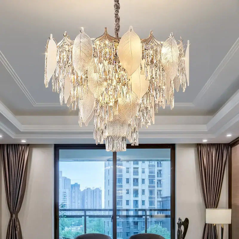 Postmodern gold crystal leaves chandelier for living room