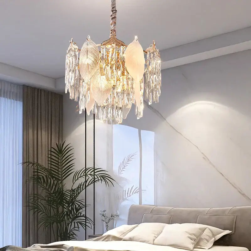 Postmodern gold crystal leaves chandelier for living room
