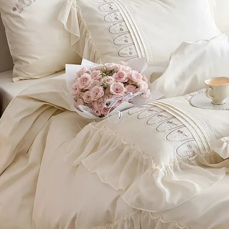 Princess wedding flowers embroidery cream bedding set bedroom