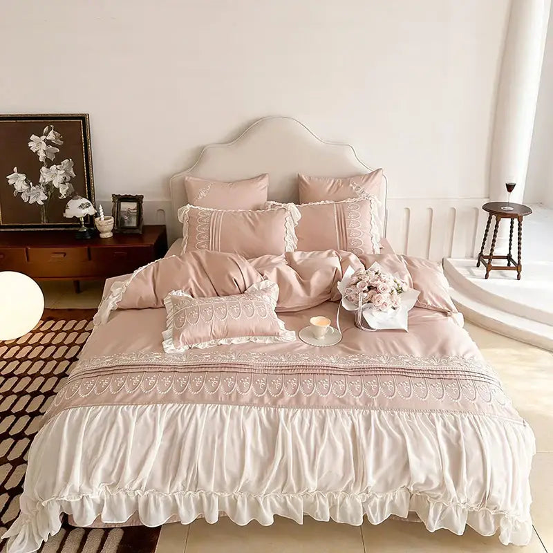 Princess wedding flowers embroidery cream bedding set bedroom