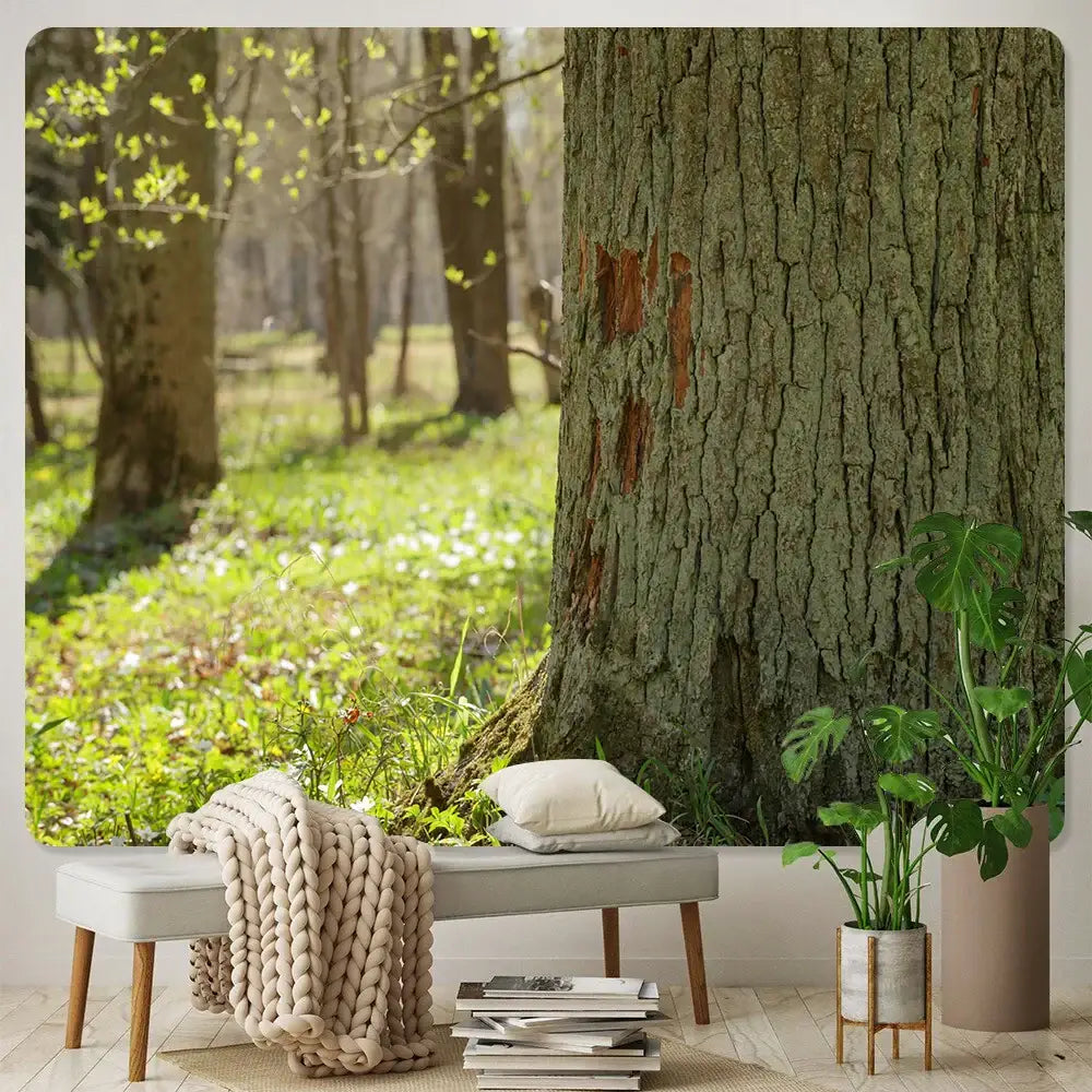 Psychedelic moss green forest view tapestry bedroom wall decor