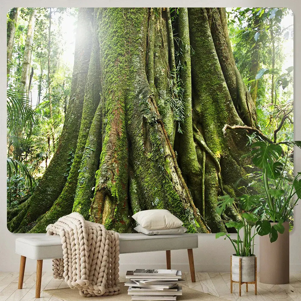 Psychedelic moss green forest view tapestry bedroom wall decor
