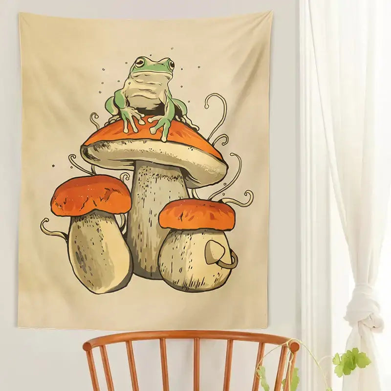 Psychedelic teal frog mushroom tapestry bedroom wall hanging