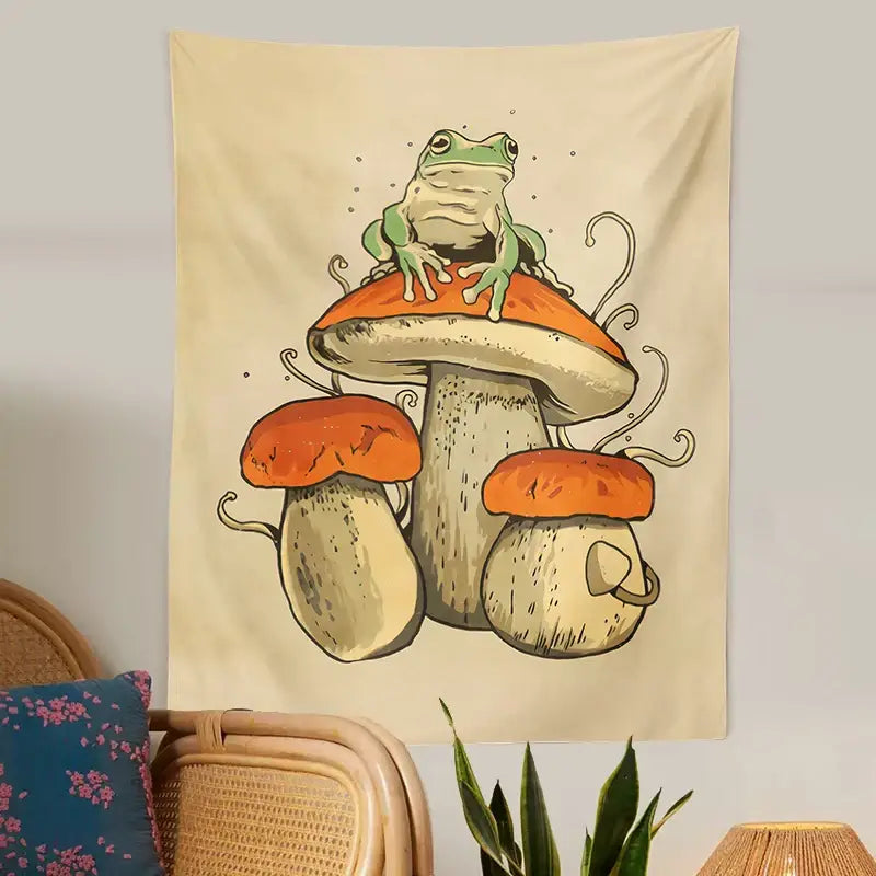 Psychedelic teal frog mushroom tapestry bedroom wall hanging