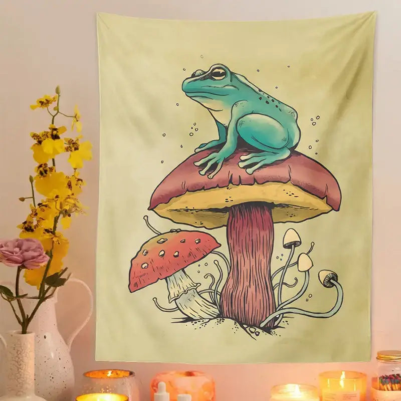 Psychedelic teal frog mushroom tapestry bedroom wall hanging