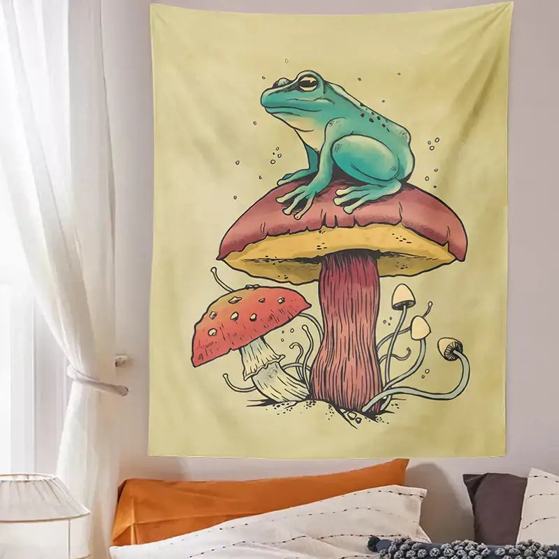 Psychedelic teal frog mushroom tapestry bedroom wall hanging