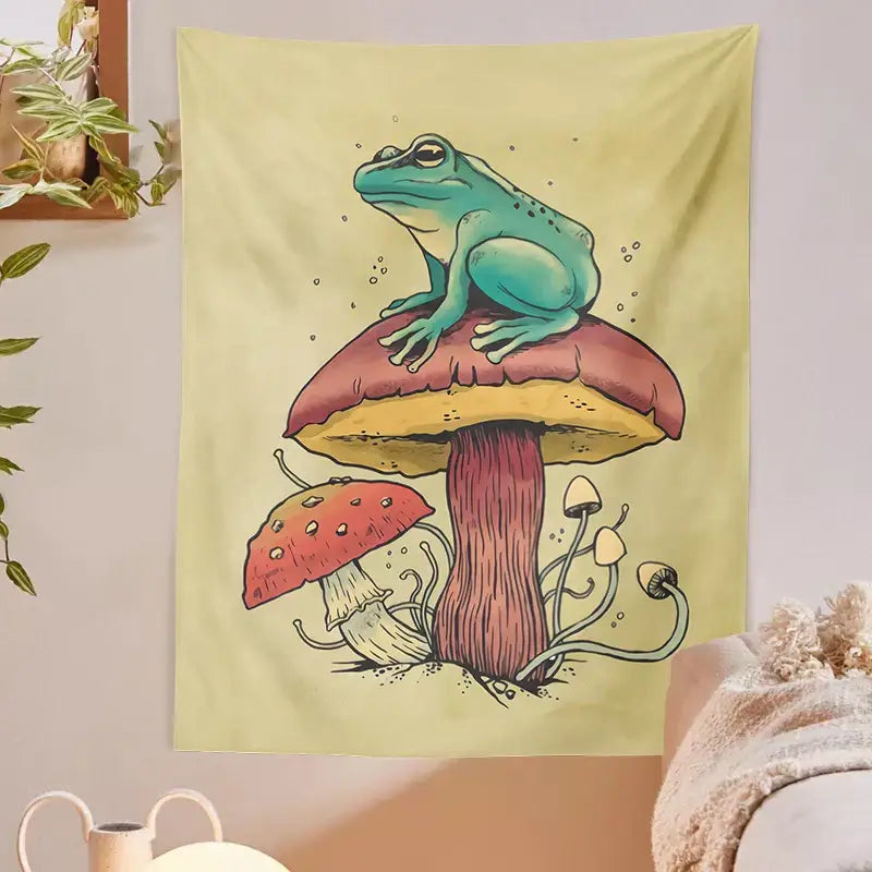 Psychedelic teal frog mushroom tapestry bedroom wall hanging
