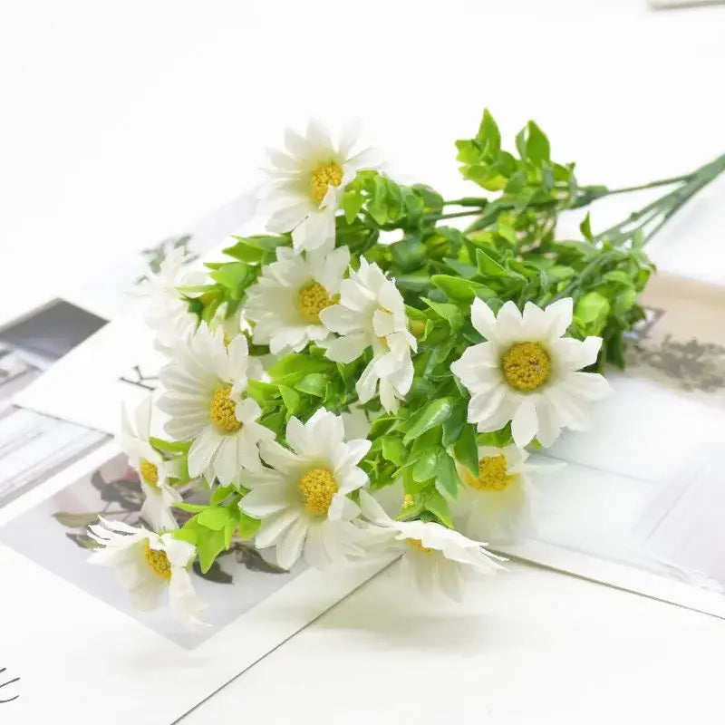 Purple and yellow daisy bouquet green plant synthetic flowers living room