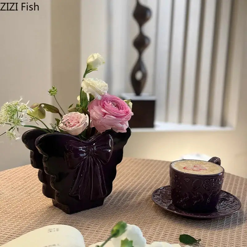 Purple glossy dark butterfly ceramic bow vase living room decor