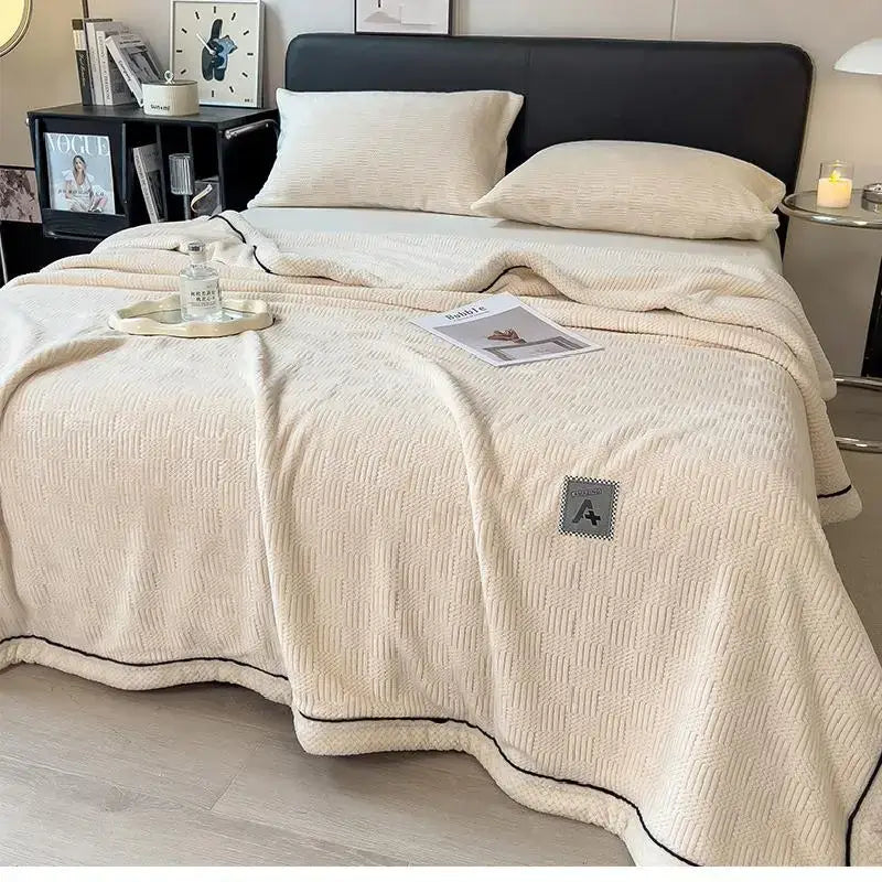 Quilted cream & gray plush blanket bedroom cozy cotton velvet