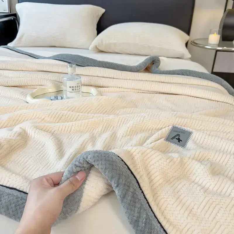 Quilted cream & gray plush blanket bedroom cozy cotton velvet